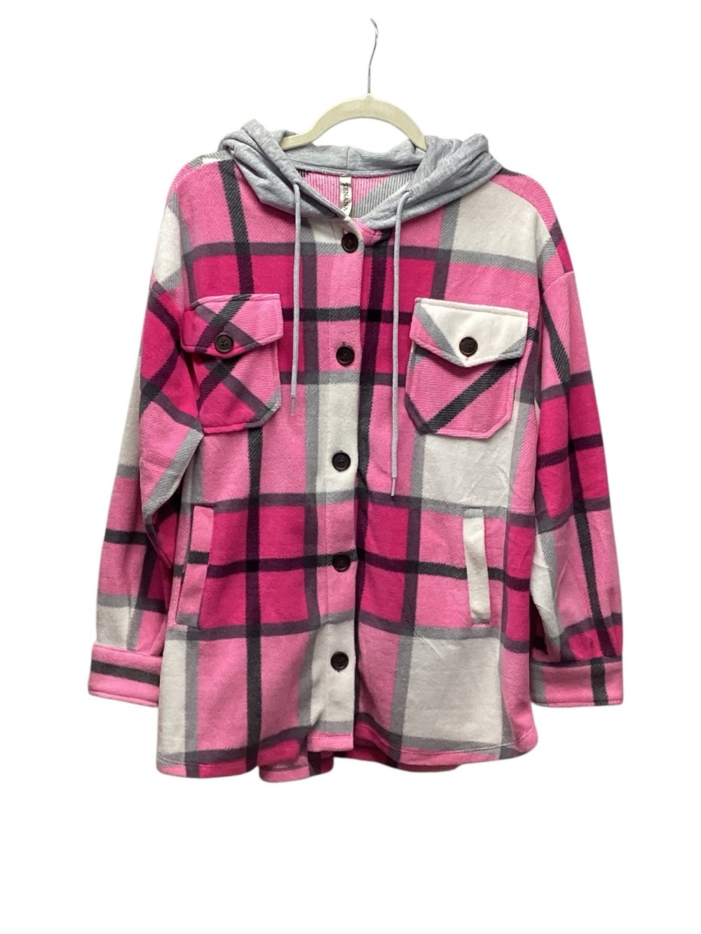 Zenana hooded fleece pink plaid shacket size Large
